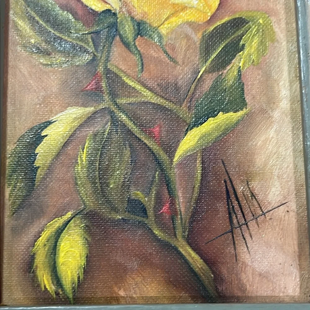 Yellow Rose Red Thorn Hand-painted Original Oil Signed Golden Framed Art - Picture 9 of 9